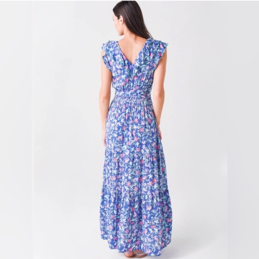 Poupette St Barth Della Maxi Dress Belted Blue Pink Ruffle Sleeve Tiered Skirt - Picture 3 of 16